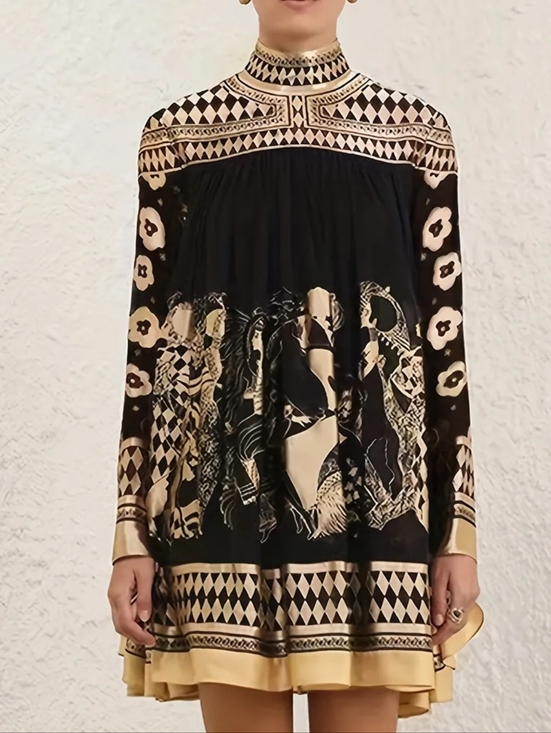 Dresses & Skirts - Black & Gold High-Neck Printed Swing Dress